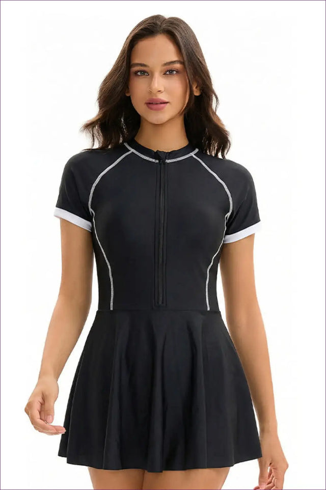 Zip-Front Swim Dress with Flared Skirt - Active Sun Days