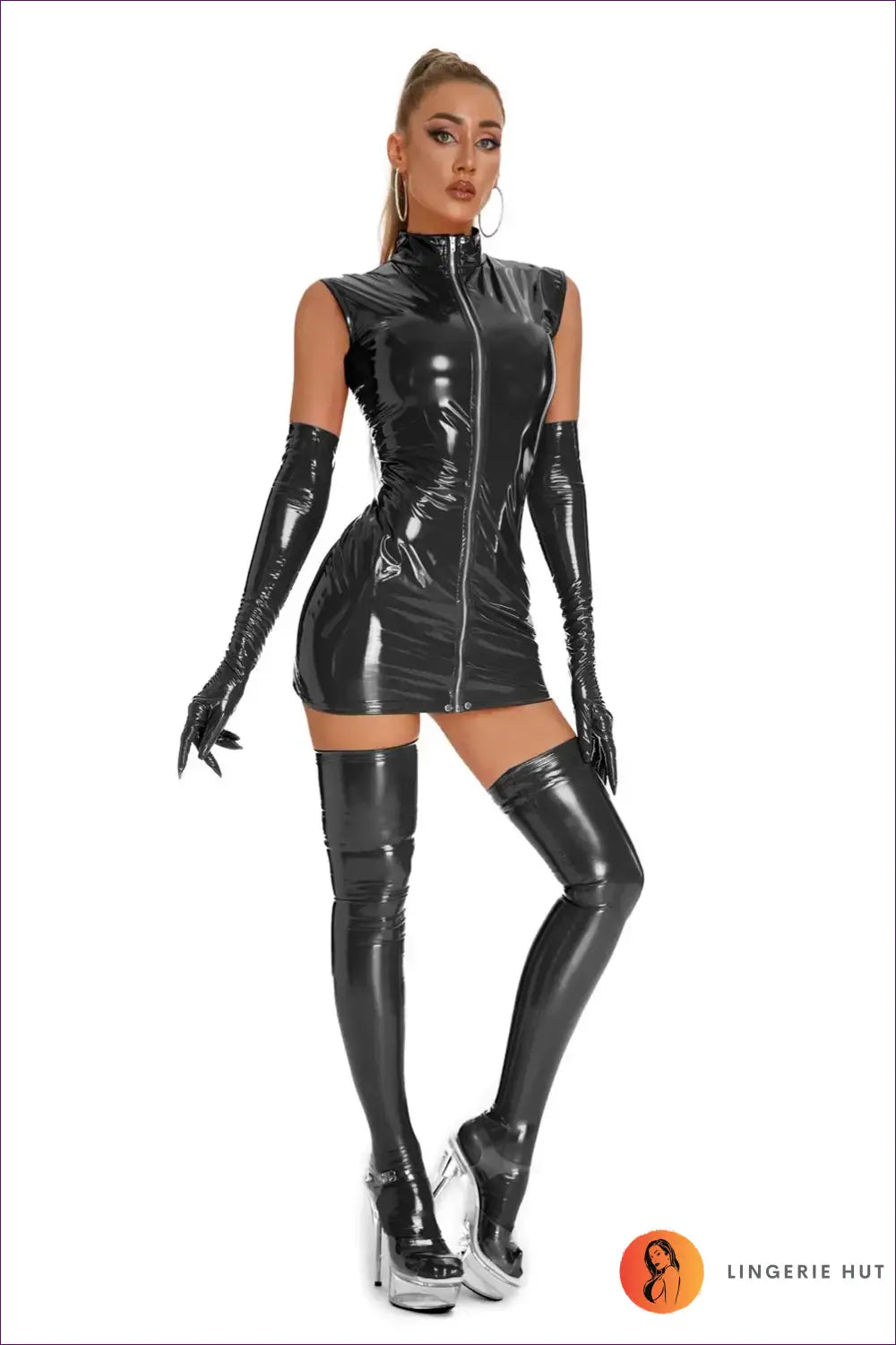 Zip-front Vinyl Dress with Opera Glove Set - Statement Night out - just in • Lingerie - Hut