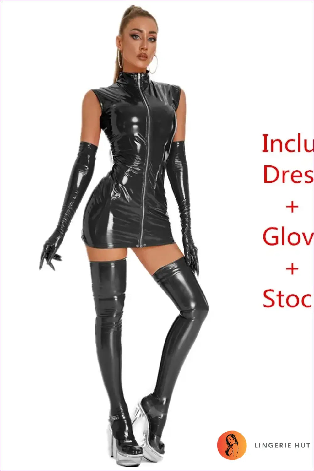 Zip-front Vinyl Dress with Opera Glove Set - Statement Night out - Black Full / m - just in • Lingerie - Hut