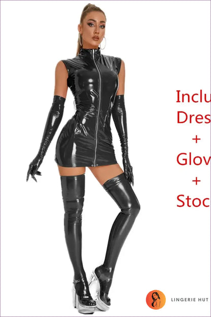 Zip-front Vinyl Dress with Opera Glove Set - Statement Night out - Black Full / m - just in • Lingerie - Hut