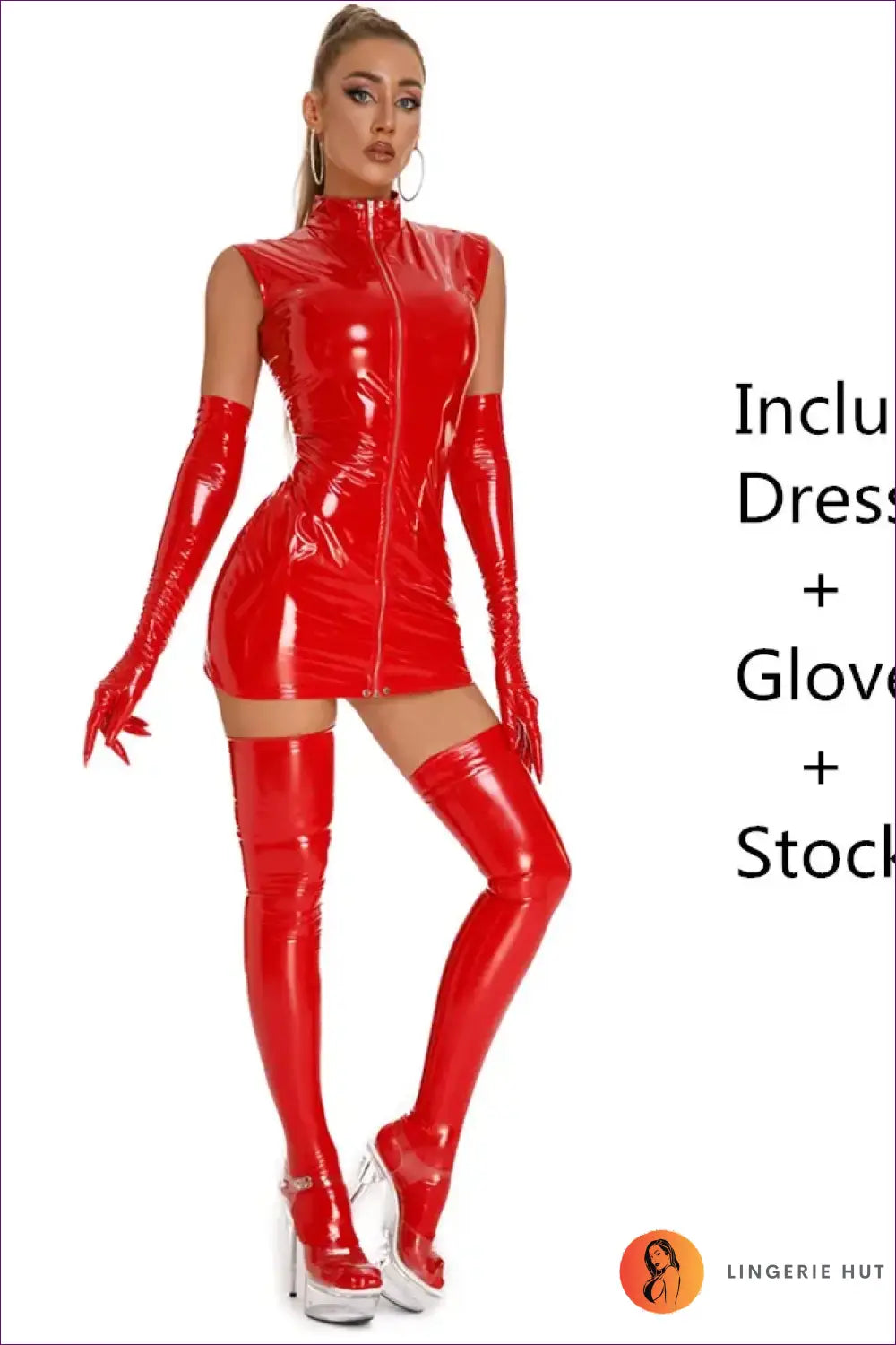 Zip-front Vinyl Dress with Opera Glove Set - Statement Night out - Red Full / m - just in • Lingerie - Hut