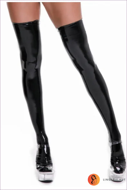 Zip-front Vinyl Dress with Opera Glove Set - Statement Night out - Black Stockings / m - just in • Lingerie - Hut