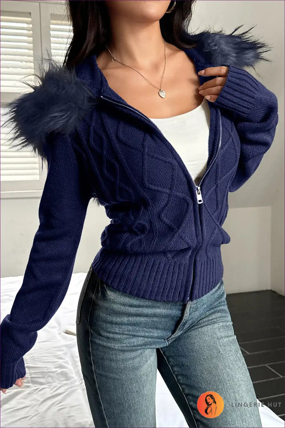 Zip Up Cardigan with Faux Fur Hood - Winter Luxe for Autumn, Casual, Everyday, Glamour,