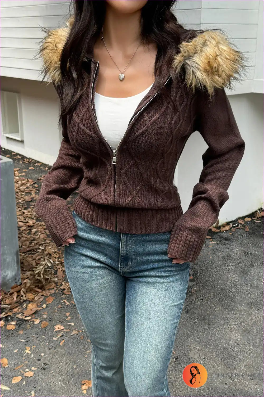 Zip Up Cardigan with Faux Fur Hood - Winter Luxe for Autumn, Casual, Everyday, Glamour,