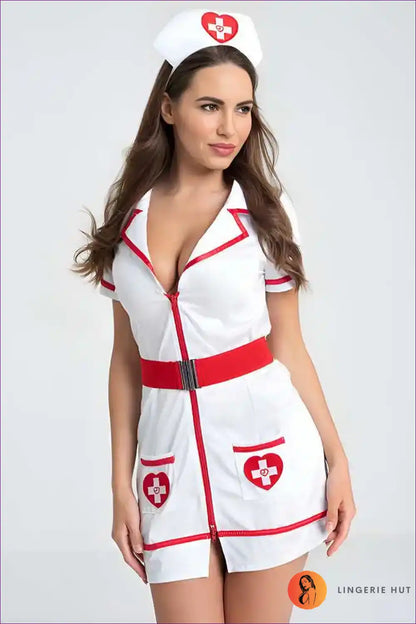 Zipper Front Nurse Uniform Dress for Theme Parties Casual, Clubwear, Cotton, just In,