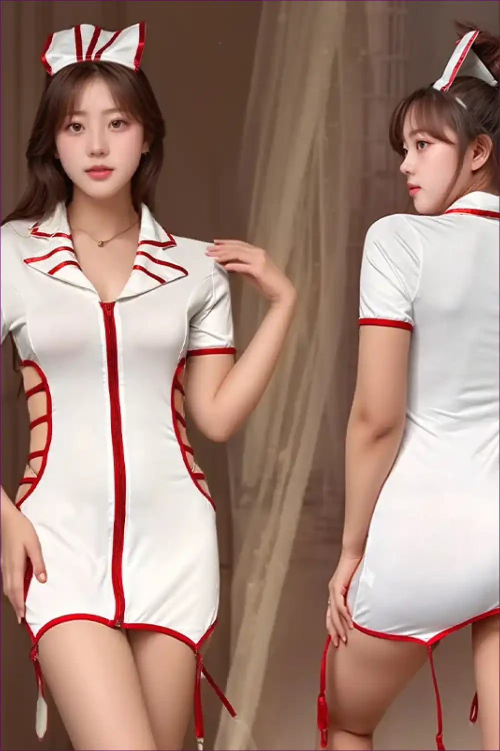 Zipper Nurse Uniform Dress for Theme Party Roleplay Casual, Costume, Cotton, Everyday,