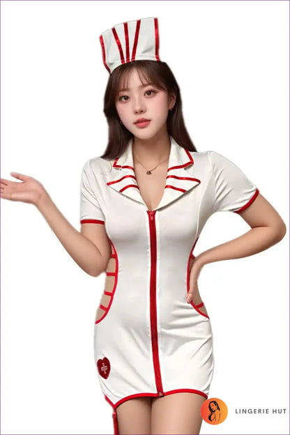 Zipper Nurse Uniform Dress for Theme Party Roleplay Casual, Costume, Cotton, Everyday,