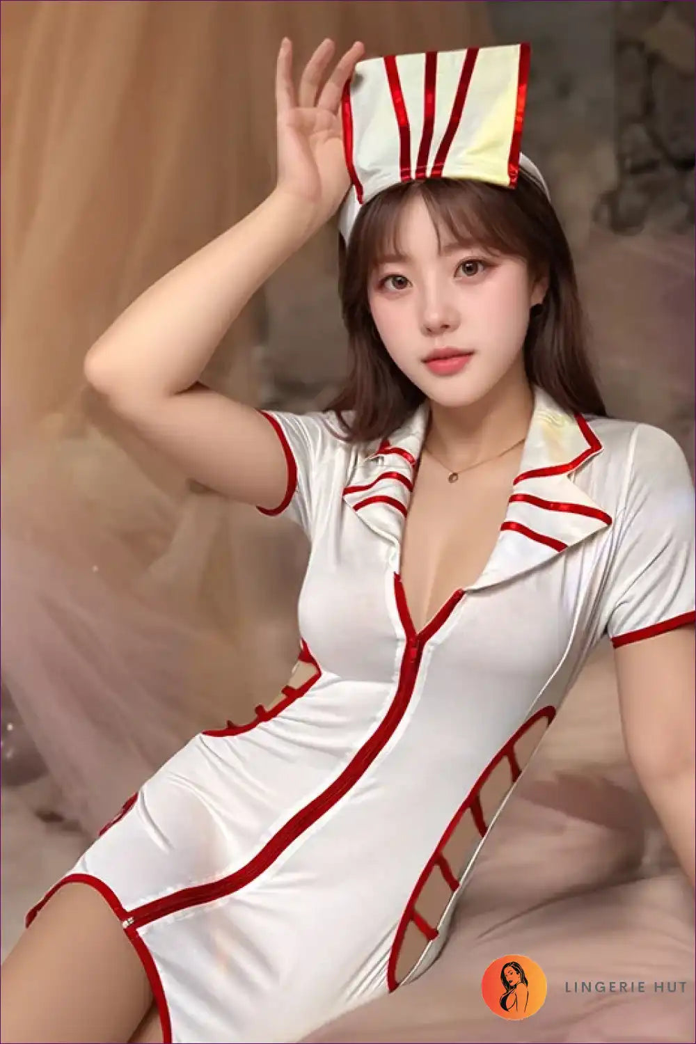 Zipper Nurse Uniform Dress for Theme Party Roleplay Casual, Costume, Cotton, Everyday,