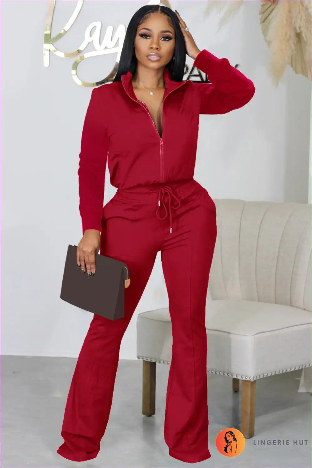 Zipper Top Co Ord Set With Bell Bottom Pants - Effortless Chic For Ord, Loungewear