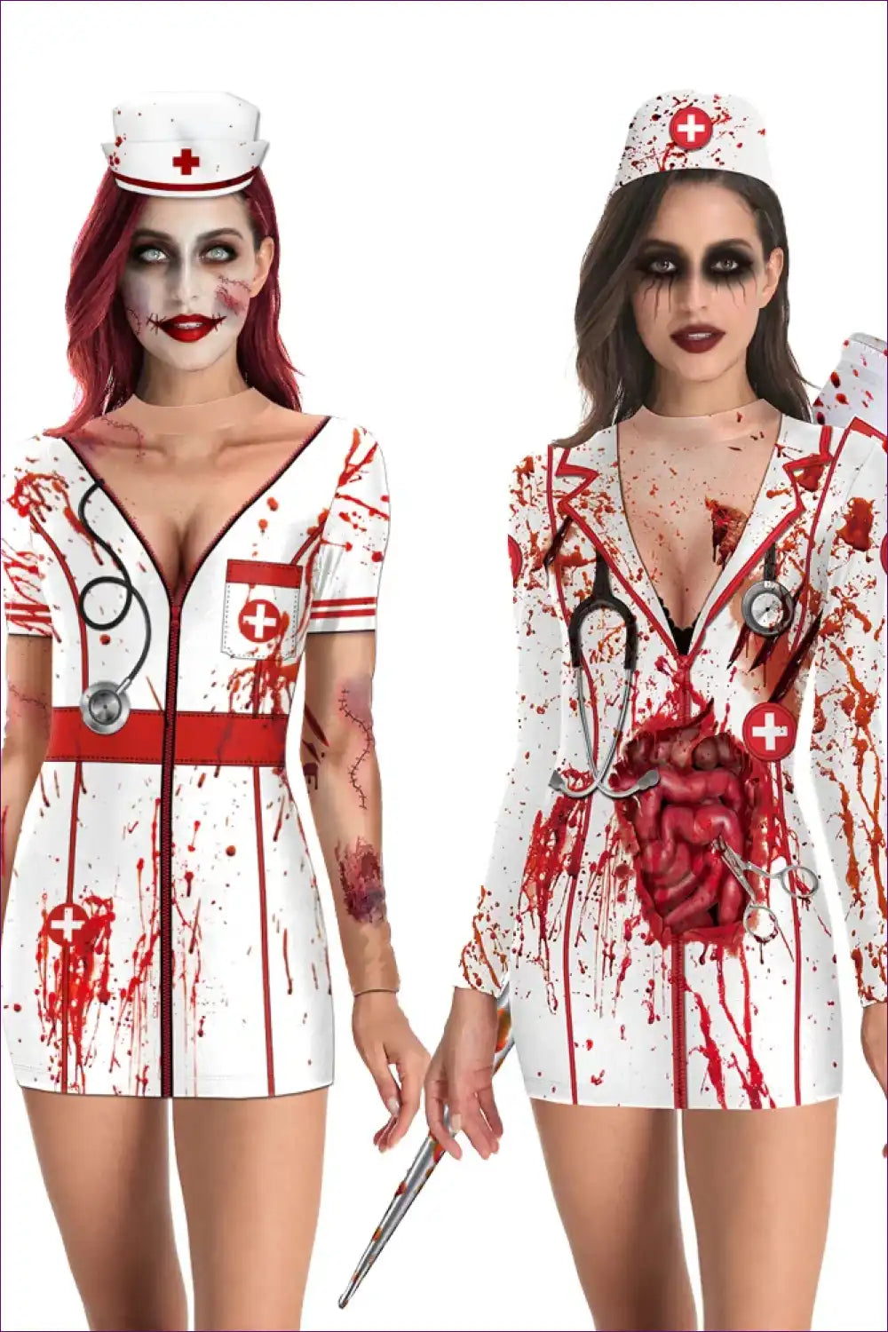 Zombie Nurse Costume with Bloody Print - After-dark Statement for Autumn, Bodycon, Clubwear, Costume, Dresses
