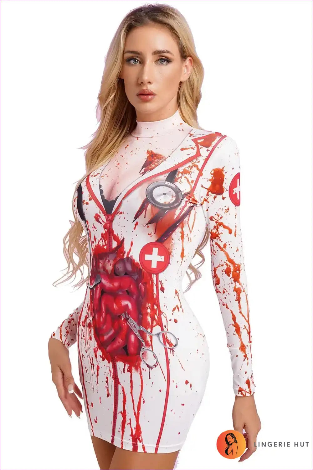 Zombie Nurse Costume with Bloody Print - After-dark Statement for Autumn, Bodycon, Clubwear, Costume, Dresses