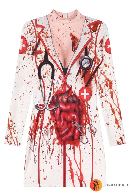Zombie Nurse Costume with Bloody Print - After-dark Statement for Autumn, Bodycon, Clubwear, Costume, Dresses