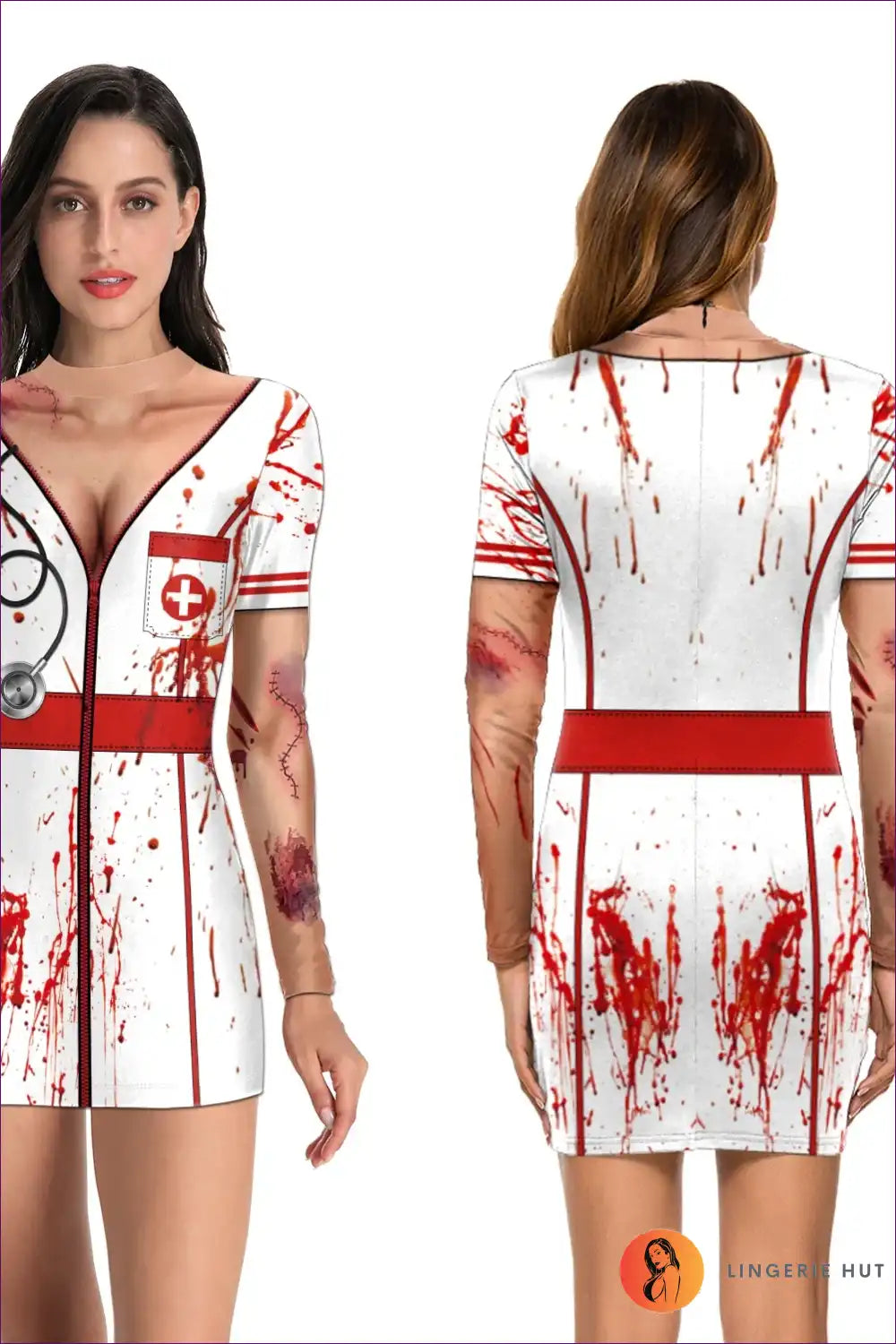 Zombie Nurse Costume with Bloody Print - After-dark Statement for Autumn, Bodycon, Clubwear, Costume, Dresses