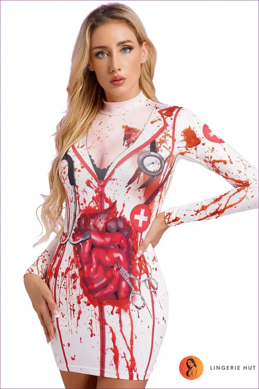 Zombie Nurse Costume with Bloody Print - After-dark Statement for Autumn, Bodycon, Clubwear, Costume, Dresses