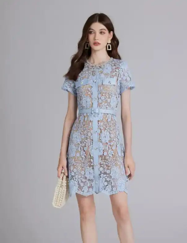 Powder blue lace dress with short sleeves and a delicate floral pattern.