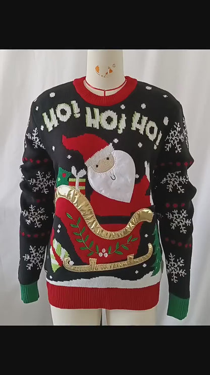 Santa Claus Embroidery Christmas Sweater - Loose Fit Winter Warmth