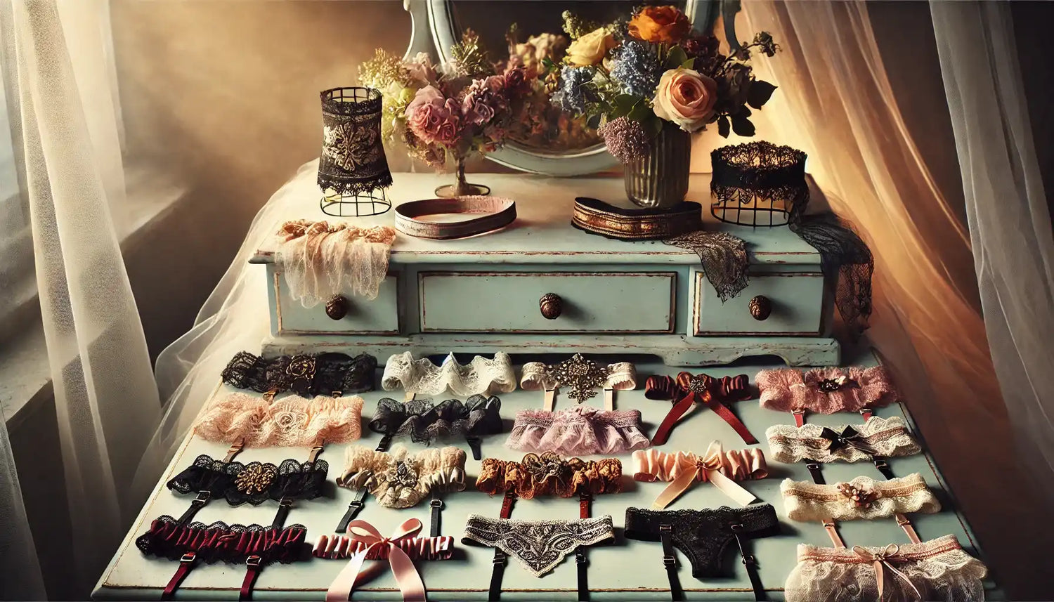 Vintage turquoise dresser displaying rows of delicate hair bows and floral arrangements.